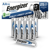 Energizer pack front view showing 10 AA batteries and clear branding for quick identification and purchase benefit