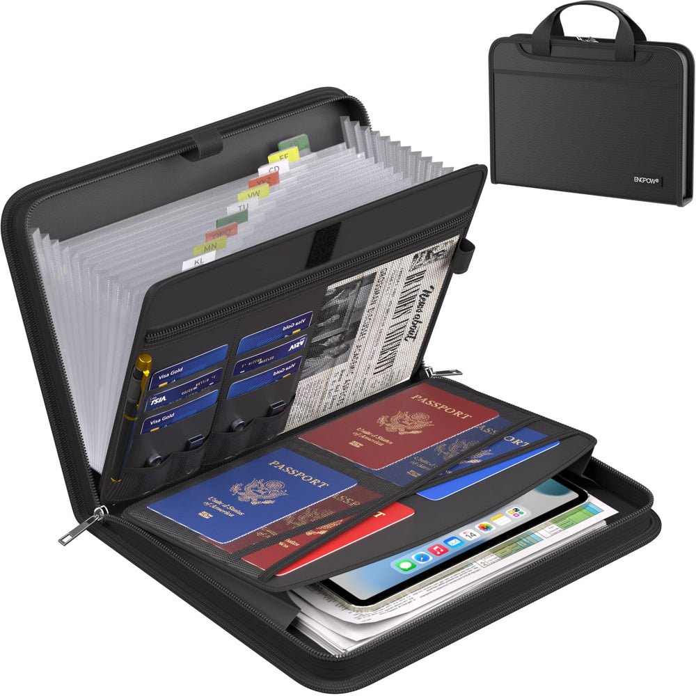 ENGPOW front view of black fireproof accordion file organizer showing neat profile and labels for quick identification
