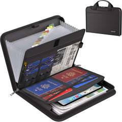 ENGPOW front view of black fireproof accordion file organizer showing neat profile and labels for quick identification