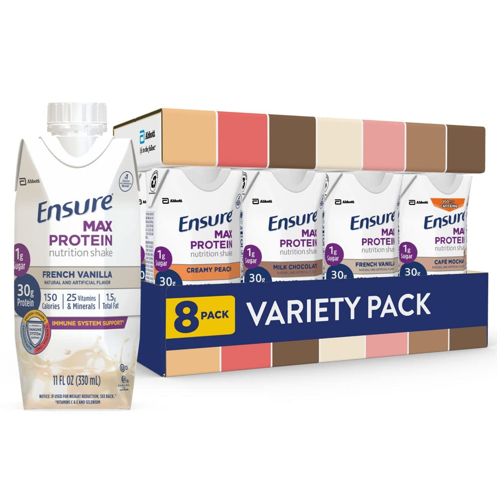 Ensure bottle front packaging showing variety pack and nutritional benefit