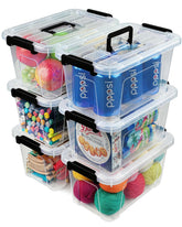 EOENVIVS front view of 6 clear stackable bins showing tidy storage benefit