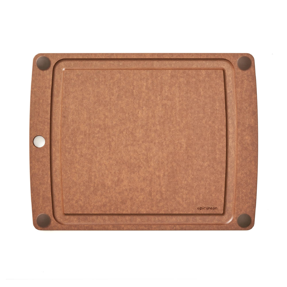 Epicurean cutting board front view Nutmeg showing juice groove and size benefits