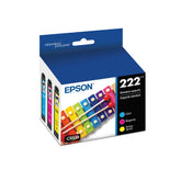Epson 222 front packaging showing three color cartridges and brand benefit