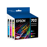 Epson 702 front packaging showing three color cartridges and clear branding benefit reliable supply