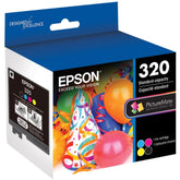 Epson T320 front packaging showing cartridge set and compatibility for reliable prints