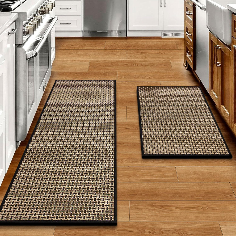 eqivei front view of two black kitchen mats showing neat placement and floor protection