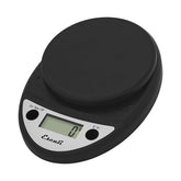 Escali Primo front view in black showing clear display and slim base for accurate weighing