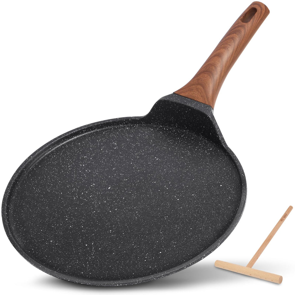 ESLITE LIFE 11-inch crepe pan front view showing nonstick surface and rim, easy spreading benefit