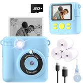 ESOXOFFORE front view of blue instant-print camera showing lens and buttons benefit quick play