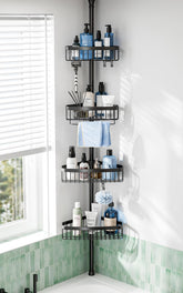 ESSEME front view of corner shower caddy showing compact organizer and quick install benefit