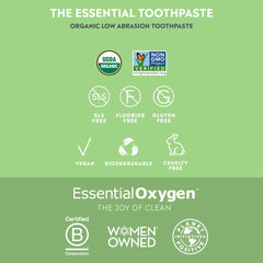 Essential Oxygen close-up of toothpaste texture highlighting peroxide-based whitening and gentle consistency
