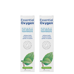 Essential Oxygen front packaging showing two 4 oz tubes and organic labeling for clean ingredients