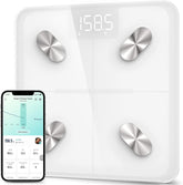 Etekcity front view showing white tempered-glass platform and compact footprint for accurate daily weighing