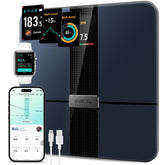 Etekcity smart scale front view showing sleek black design and readable display, clear home tracking