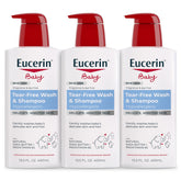 Eucerin baby front packaging showing unscented 2-in-1 bottle and benefits