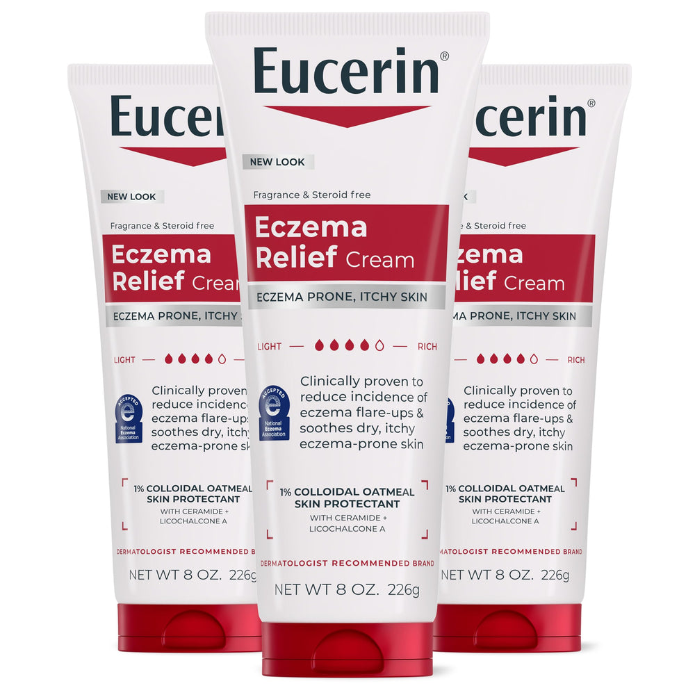 Eucerin front packaging three-pack showing product availability and value