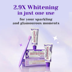 Euthymol paste texture on toothbrush showing violet tone-up effect