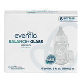 Evenflo balance+ front packaging showing six clear glass bottles and branding benefit visibility