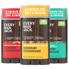 Every Man Jack front pack showing three deodorant sticks and clear labeling benefit