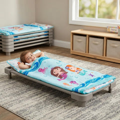 EVERYDAY KIDS rolled mat with fastening straps and handle showing compact transport benefit portability