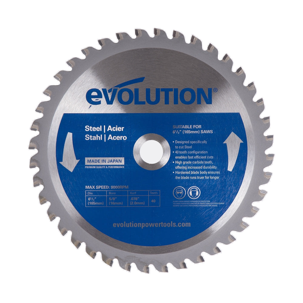 EVOLUTION front view of 6-1/2 inch 40T blade showing profile and finish, for clean mild steel cuts