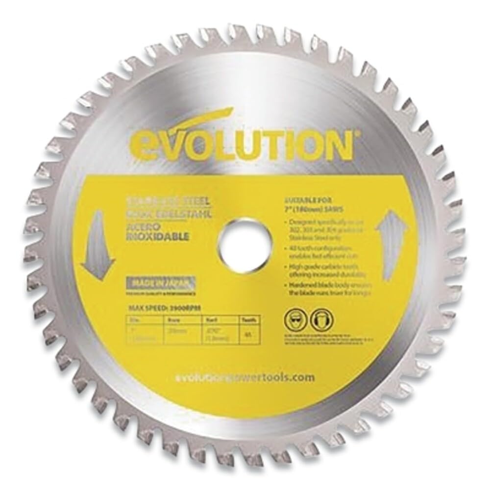 EVOLUTION blade front view showing 7-inch 48-tooth design for clean stainless cuts