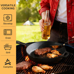 EWFEN skillet in use on gas stove searing steak for consistent browning and heat retention