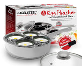 EXCELSTEEL front view of the egg poacher showcasing compact durable design and easy cooking