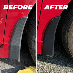 ExoForma before and after on bumper showing restored black color and concealed scratches