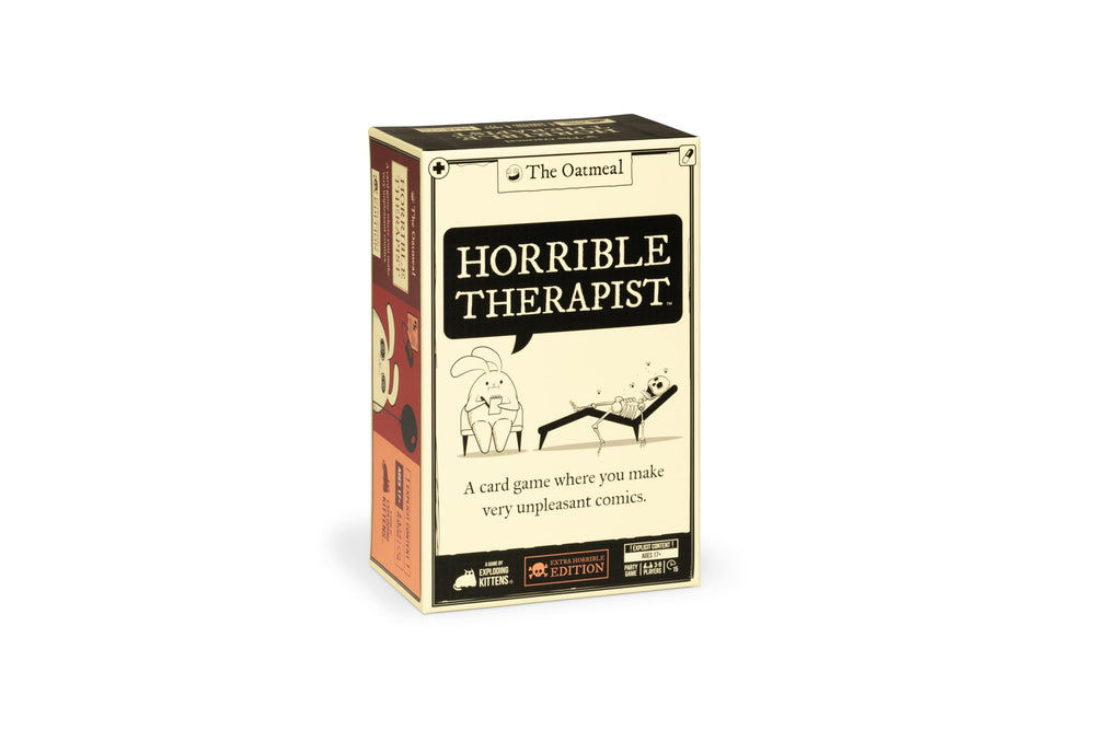 Exploding Kittens box front showing Horrible Therapist title and bold art, fun display