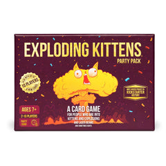 Exploding Kittens Party Pack front box showing branding and player count benefits