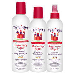 Fairy Tales front packaging trio showing bottles and friendly label, promotes easy routine