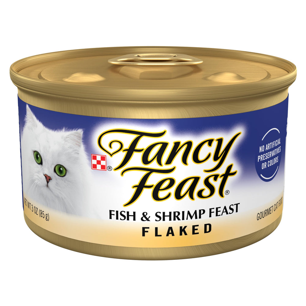 Fancy Feast front packaging showing seafood cans and brand benefit