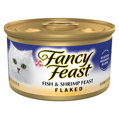 Fancy Feast front packaging showing seafood cans and brand benefit