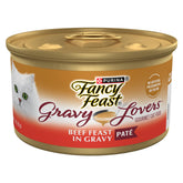 Fancy Feast front can showing label and beef flavor highlighting quality