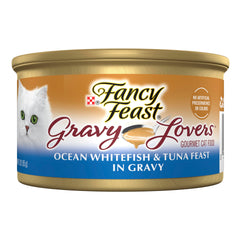 Fancy Feast front can showing label and flavor, highlights premium seafood taste