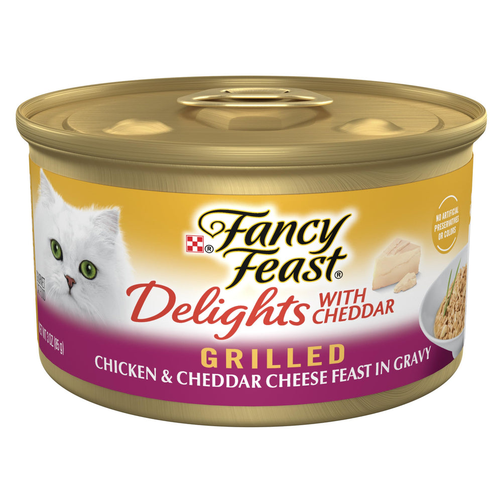 Fancy Feast front packaging showing grilled chicken cheddar variety and benefits
