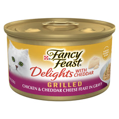 Fancy Feast front packaging showing grilled chicken cheddar variety and benefits