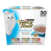 Fancy Feast front packaging showing grilled seafood variety and easy pantry storage benefit