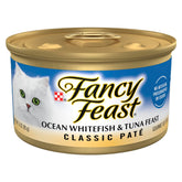 Fancy Feast front packaging showing ocean whitefish and tuna, highlights convenience