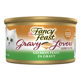 Fancy Feast front packaging showing salmon gravy and clear branding benefits taste appeal