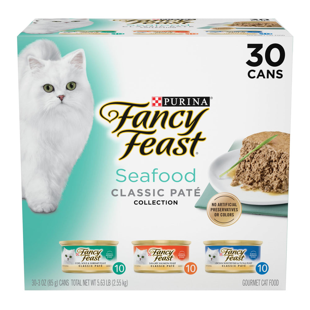 Fancy Feast front packaging showing 30-pack seafood variety and convenience