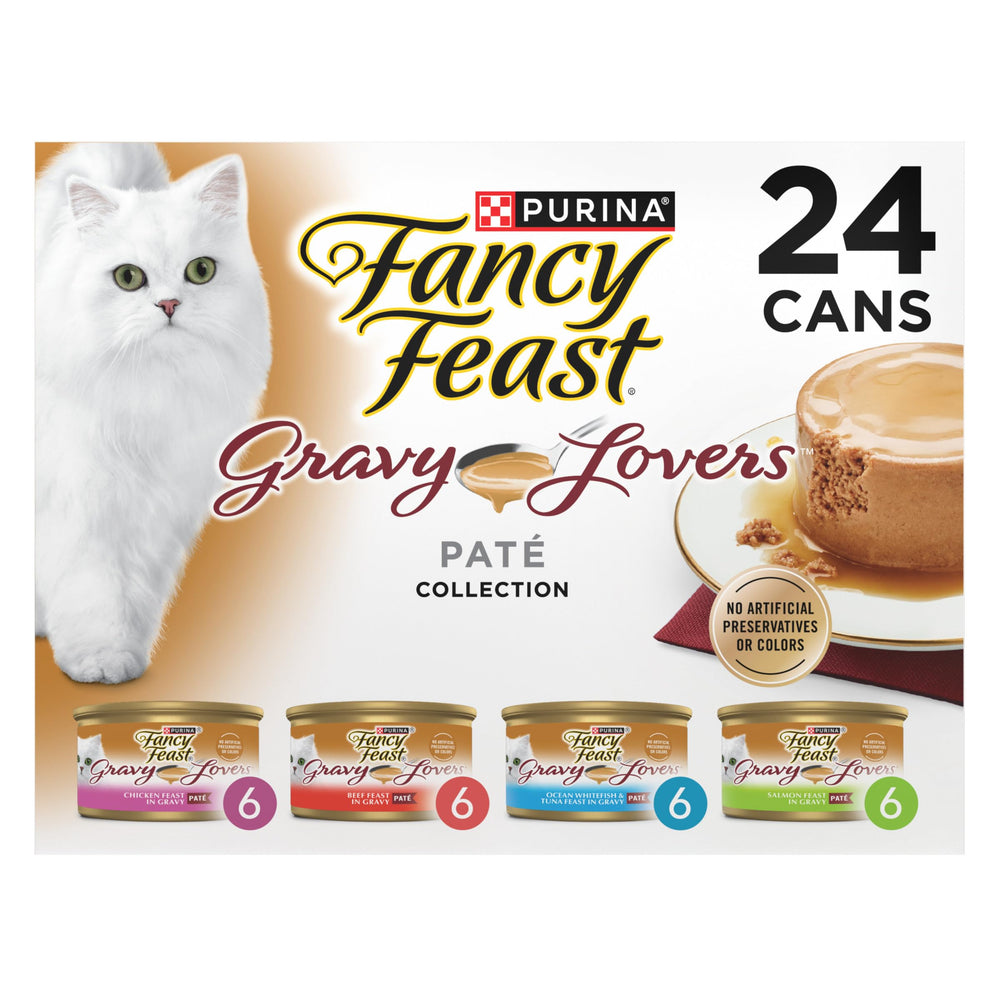 Fancy Feast front packaging showing variety pack and clear labeling for convenient selection