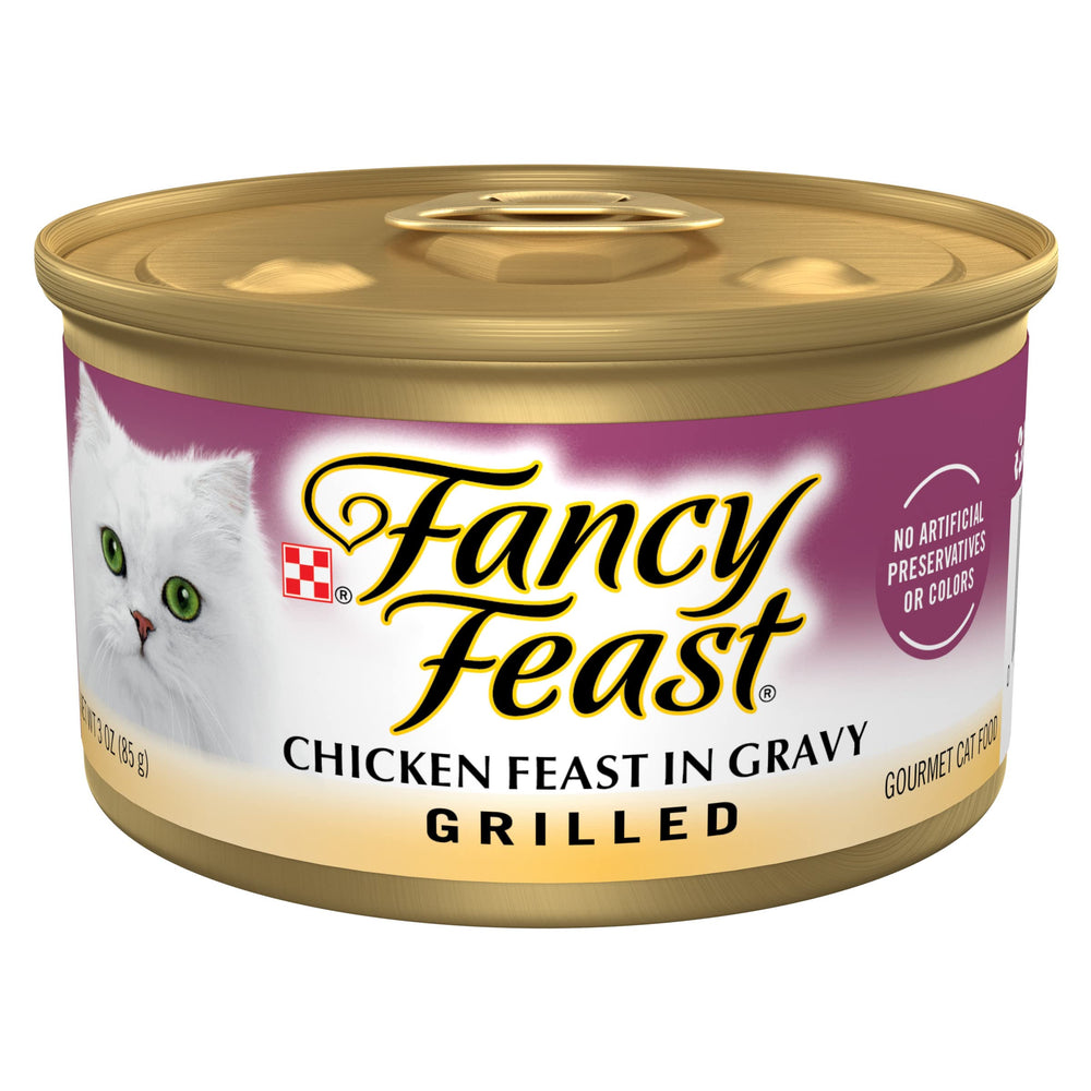 Fancy Feast front can showing grilled chicken label and brand benefits