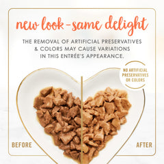 Fancy Feast open 3 oz can top view revealing flaked chicken and tuna