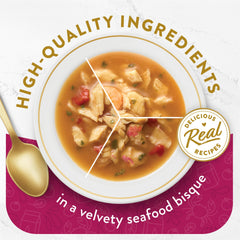 Fancy Feast pouch close-up revealing velvety broth texture and appeal