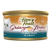 Fancy Feast Purina front can showing turkey gravy and brand benefit appetizing presentation