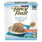 Fancy Feast Purina pack front view showing assorted seafood cans and convenience