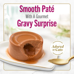 Fancy Feast open can top view revealing pâté and hidden gravy center benefits