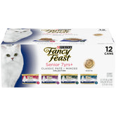 Fancy Feast senior 7+ front packaging showing assortment and benefits